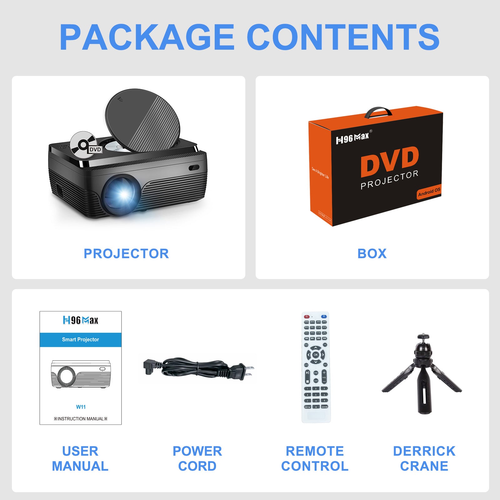 H96 Max W11 LED Projetor Package Contents Include user manual, power cord, remote control & Derrick Crane(Tripod)