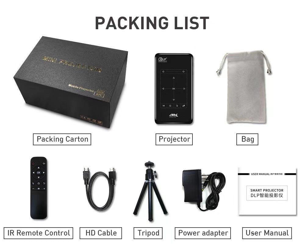P09-II Projector Packing List Includes Projector, bag, IR Remote Control, HD Cable, Tripod, Adaptor and User Manual