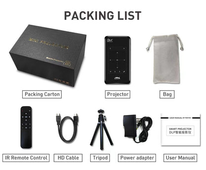 P09-II Projector Packing List Includes Projector, bag, IR Remote Control, HD Cable, Tripod, Adaptor and User Manual